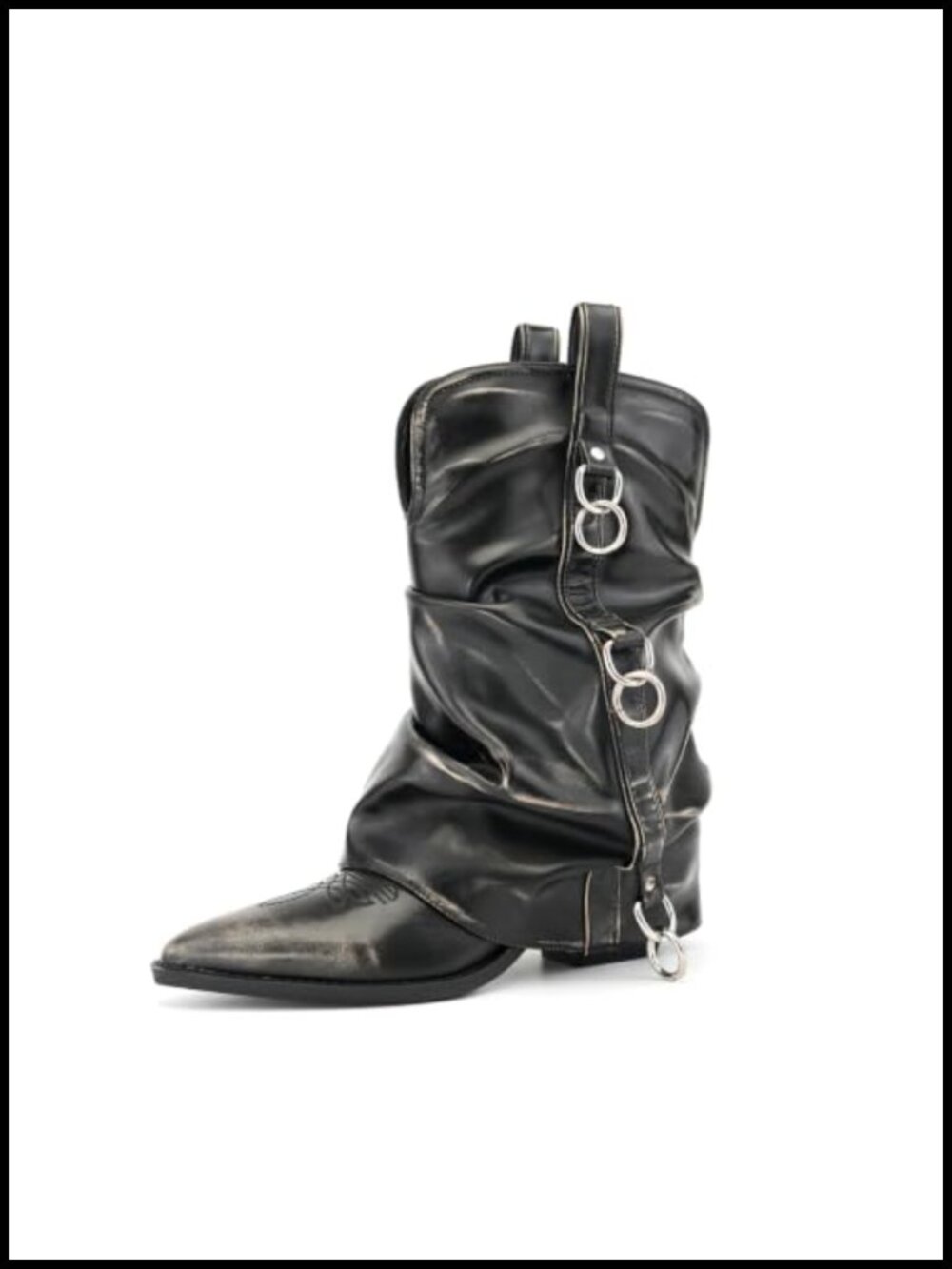 Women's Faux Leather Slouchy Mid Calf Cowboy Boots Pointed Toe Pull On